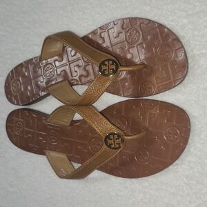 Tory Burch Brown Tan Logo Thong Sandals